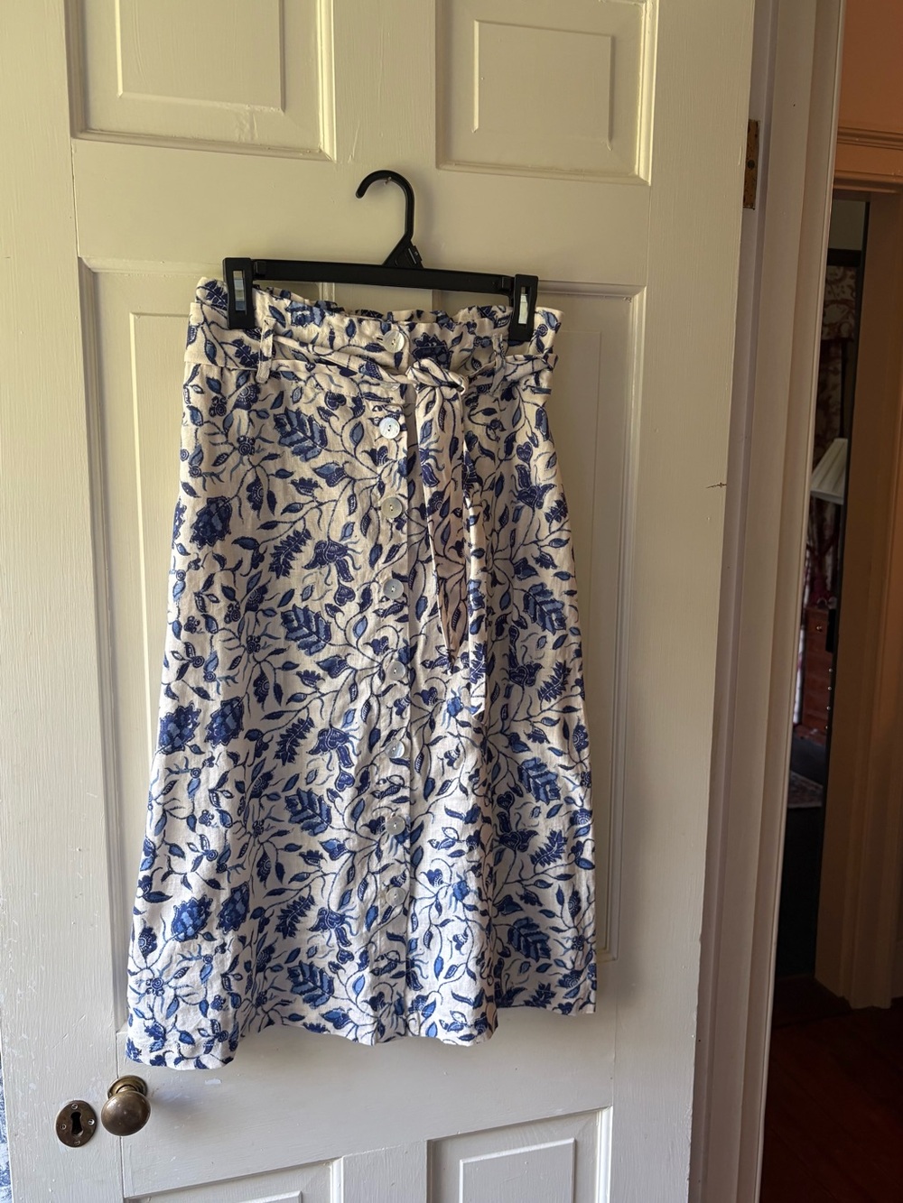 Rachel Zoe White and Blue Linen Floral Button-Front Midi Skirt with Tie Waist